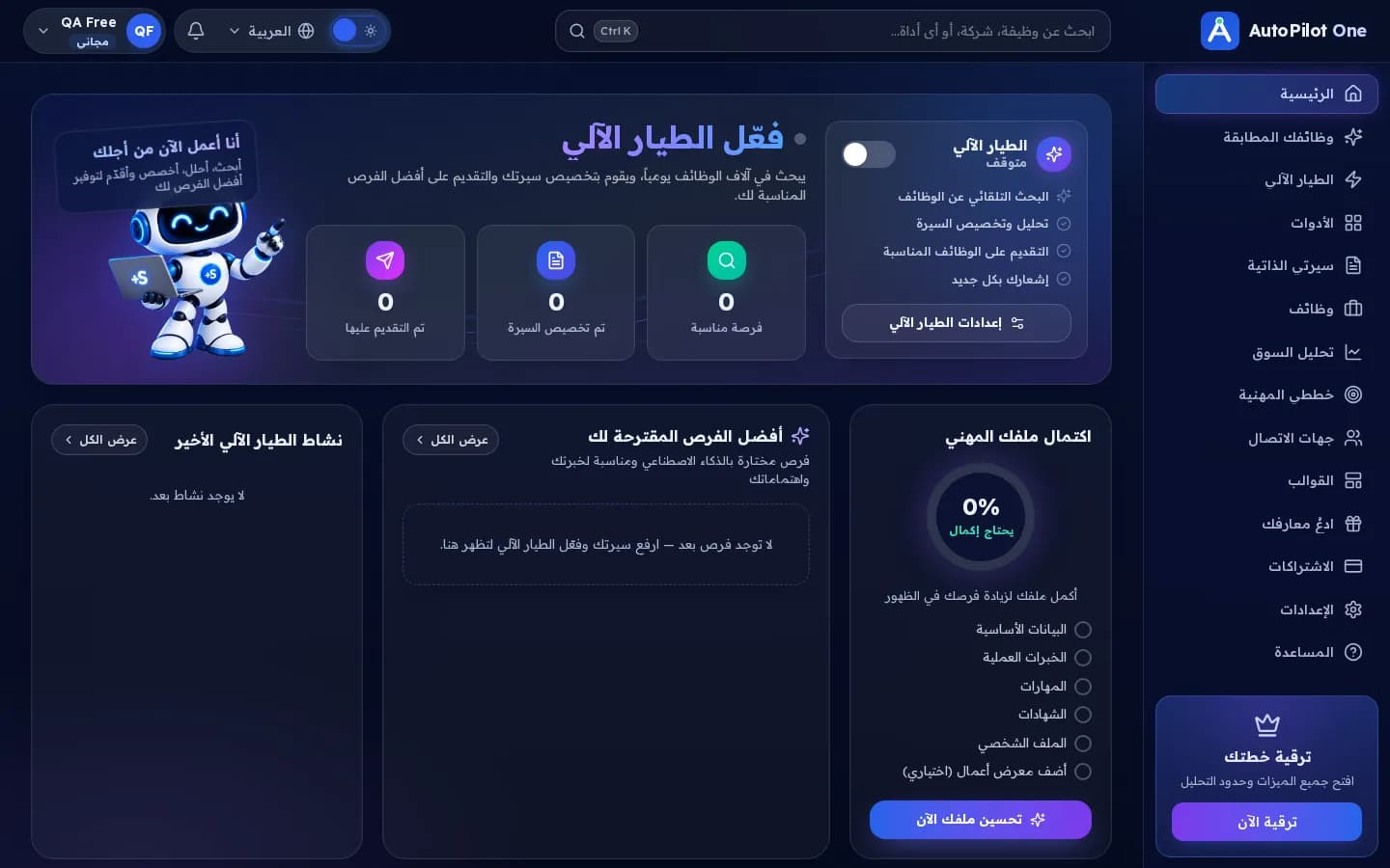 User dashboard — switch the Autopilot on, best opportunities, profile completeness